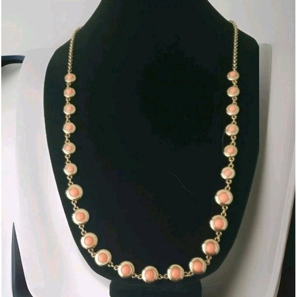 Ann Taylor Salmon Pink Coral Faux Stone Long 35"‎ Chain Necklace Gold Tone